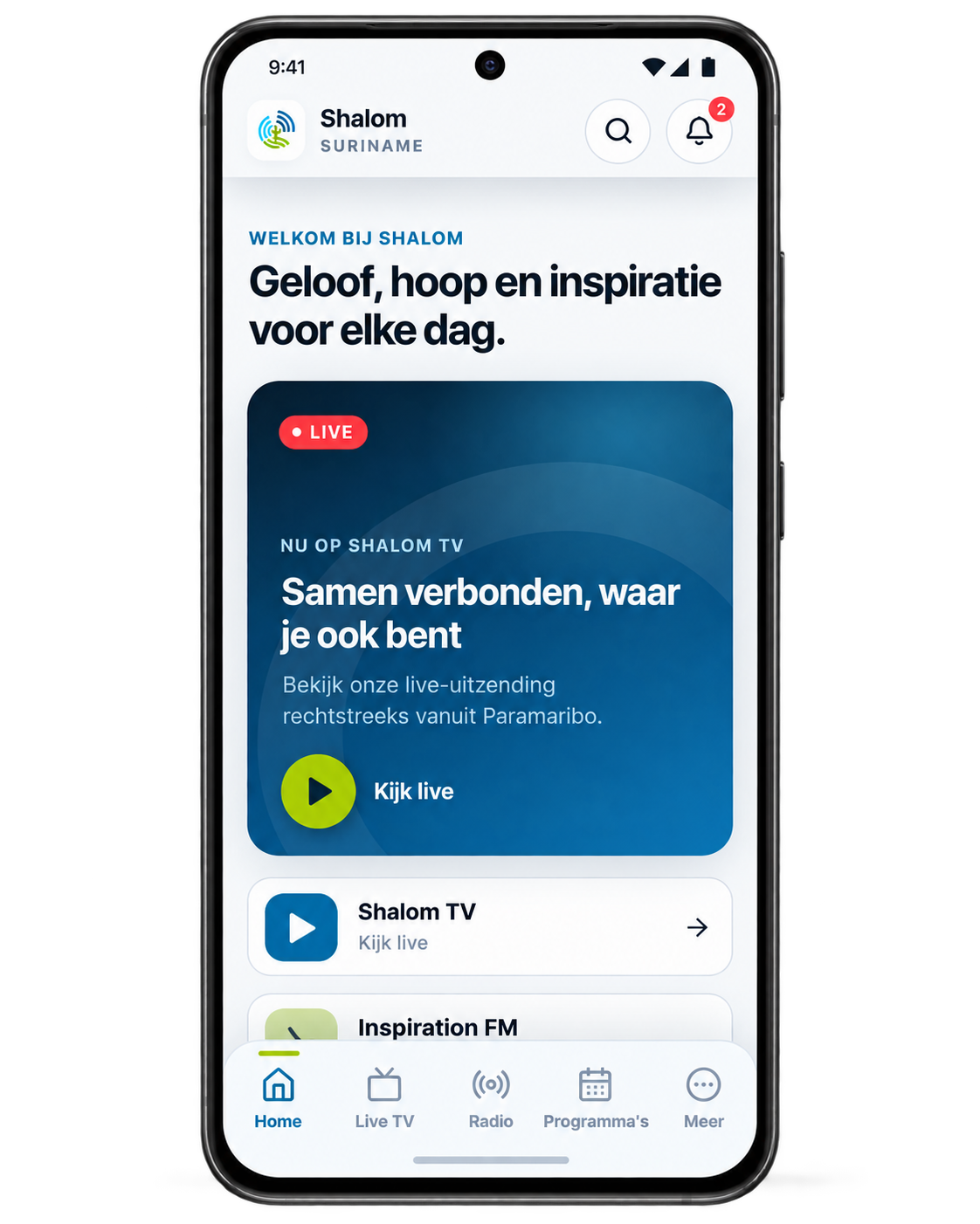 Shalom Suriname app op Android met live TV en radio.